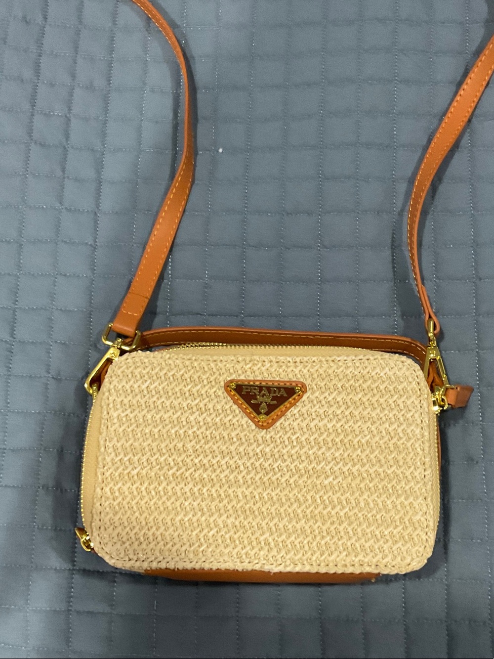 “Inspired ‘ Prad.a Beige Straw Crossbody Bag with faux Leather Trim